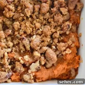 Eggless Sweet Potato Casserole with Pecan Streusel 12 Sweet Potato Casserole with pecan streusel topping.