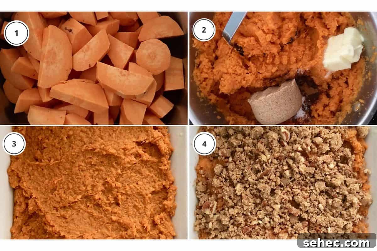 Eggless Sweet Potato Casserole with Pecan Streusel 5 Process shots showing how to make sweet potato casserole, including mashing the ingredients and spreading them into the pan.