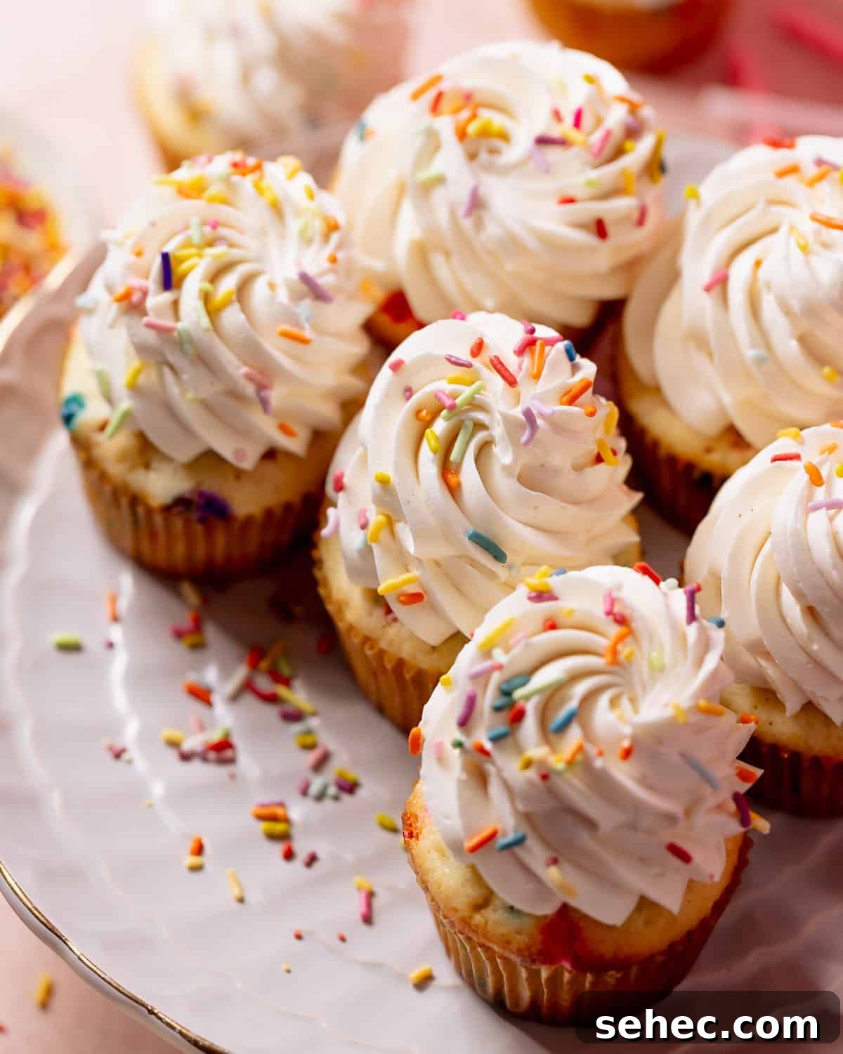 Birthday Cupcakes Recipe I Make Every Year 10 Bakery-style birthday cake cupcakes topped with tall swirls of vanilla buttercream and rainbow sprinkles on a cake stand.