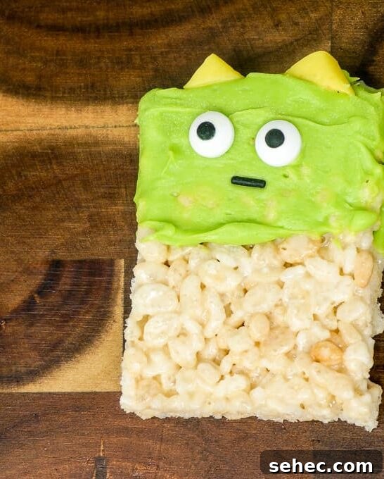 Halloween Rice Krispie Treat Monsters Recipe 9 Green one-eyed Halloween Rice Krispie Treat Monster