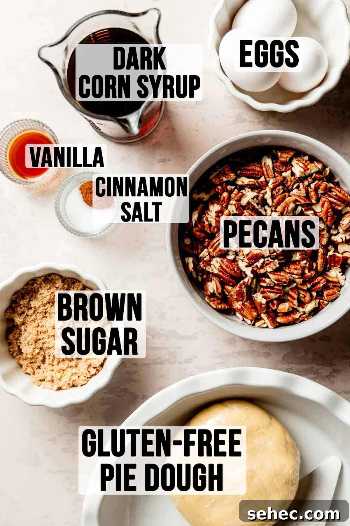 Gluten Free Pecan Pie Recipe with Classic Southern Flavor 3 Ingredients for gluten free pecan pie measured out in bowls.