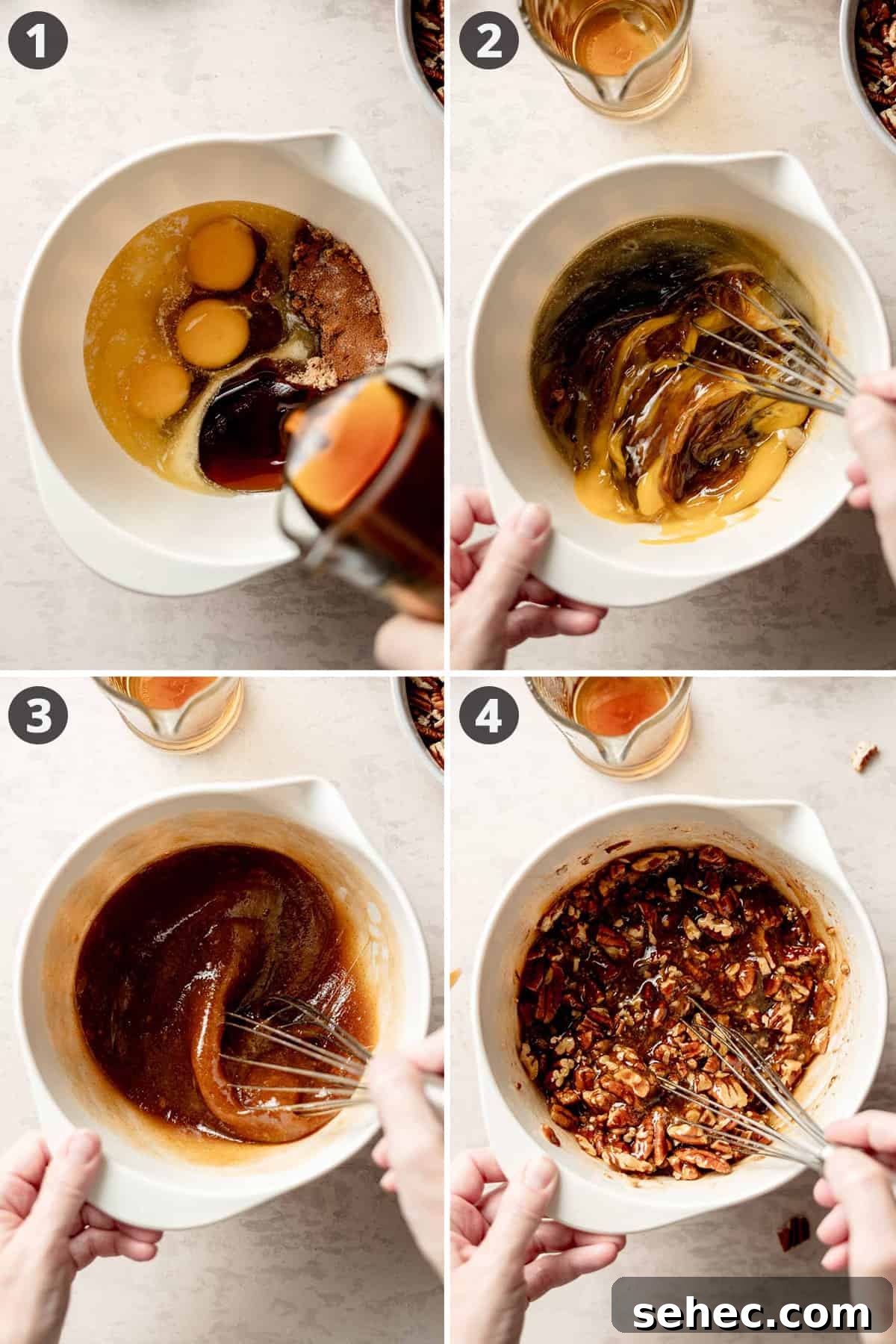 Gluten Free Pecan Pie Recipe with Classic Southern Flavor 6 Pouring corn syrup into a mixing bowl, whisking the ingredients together.