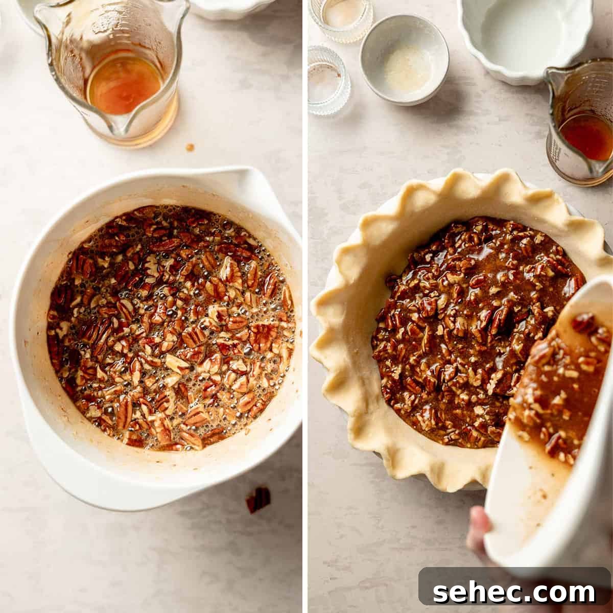 Gluten Free Pecan Pie Recipe with Classic Southern Flavor 7 Bubbly pecan pie filling in a mixing bowl, pouring the filling into the prepared pie shell.
