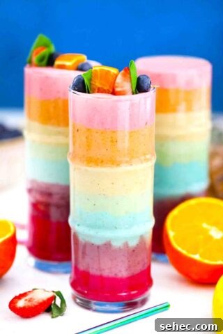 rainbow smoothie layered in different colors in glasses