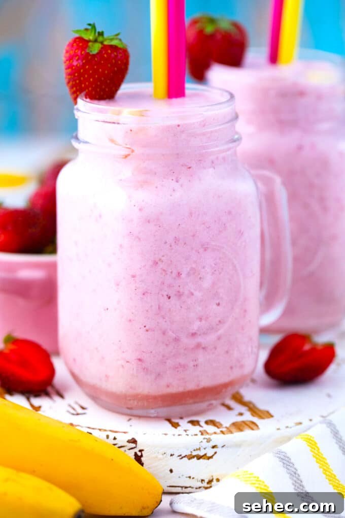 Creamy Strawberry Banana Smoothie Recipe 9 Pink strawberry banana smoothie.