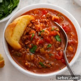 Slow Cooker Beef and Barley Stew Recipe 10 Spoon in a bowl of stuffed pepper soup.
