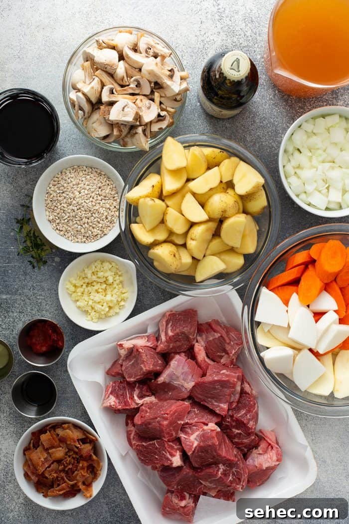 Slow Cooker Beef and Barley Stew Recipe 4 Ingredients for beef and barley stew arranged on a countertop