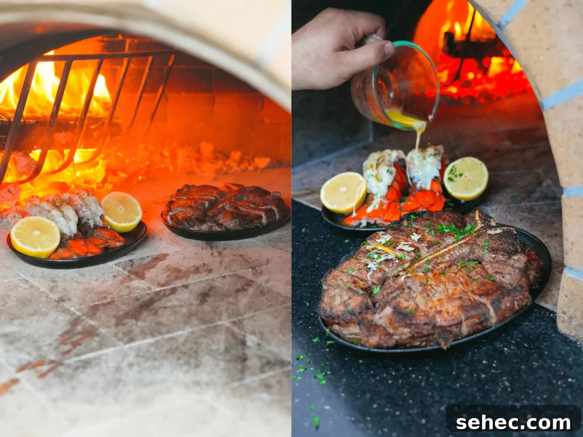 Peter Luger Surf and Turf Steak and Lobster Recipe 7 Thick steak sizzling in a cast iron skillet inside a blazing hot pizza oven.