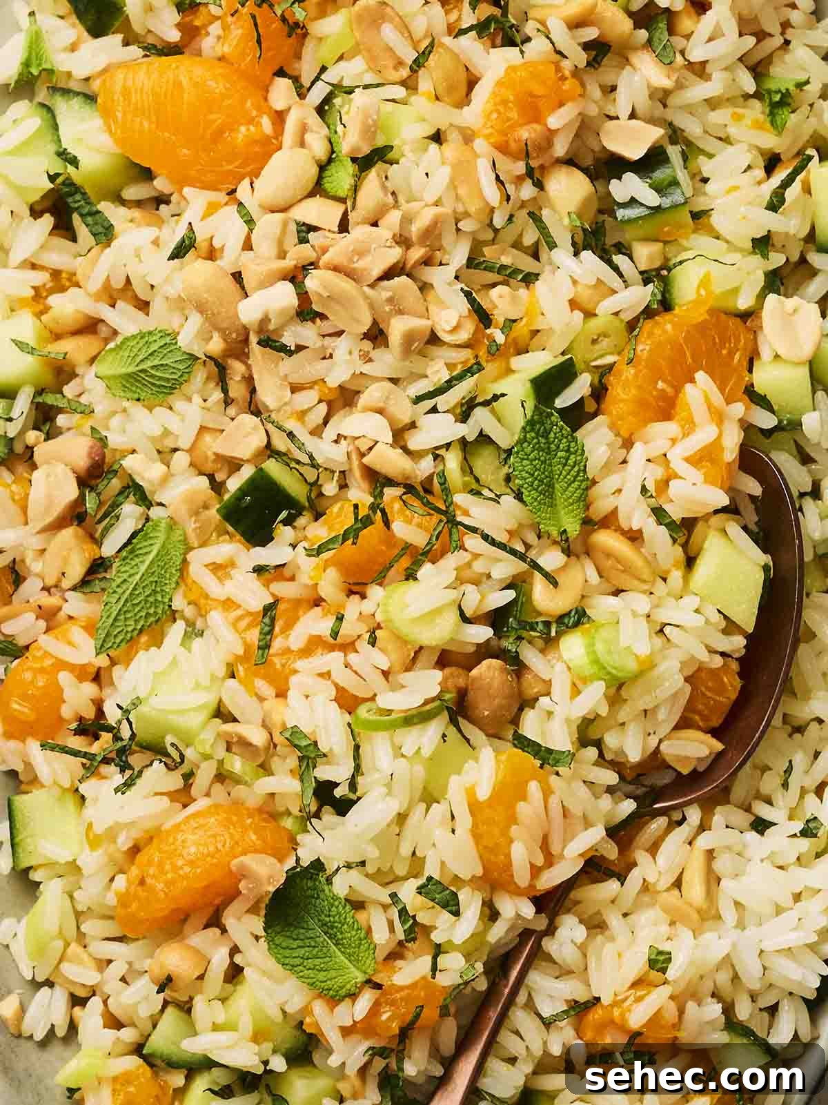 Rice Salad with Fresh Vegetables and Herbs 2 A close up of a colourful and easy rice salad, with mint leaves on top.