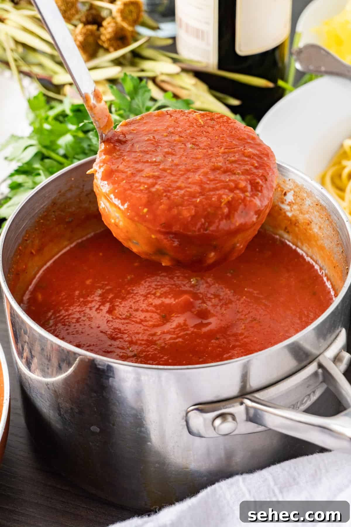 Pasta Marinara with Homemade Tomato Sauce 2 Pasta Marinara in ladle