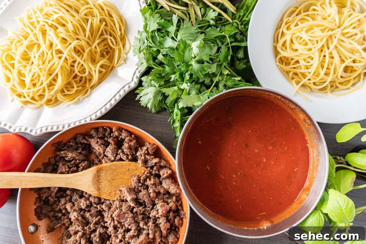 Pasta Marinara with Homemade Tomato Sauce 4 Pasta Marinara with noodles and ground beef all in separate dishes