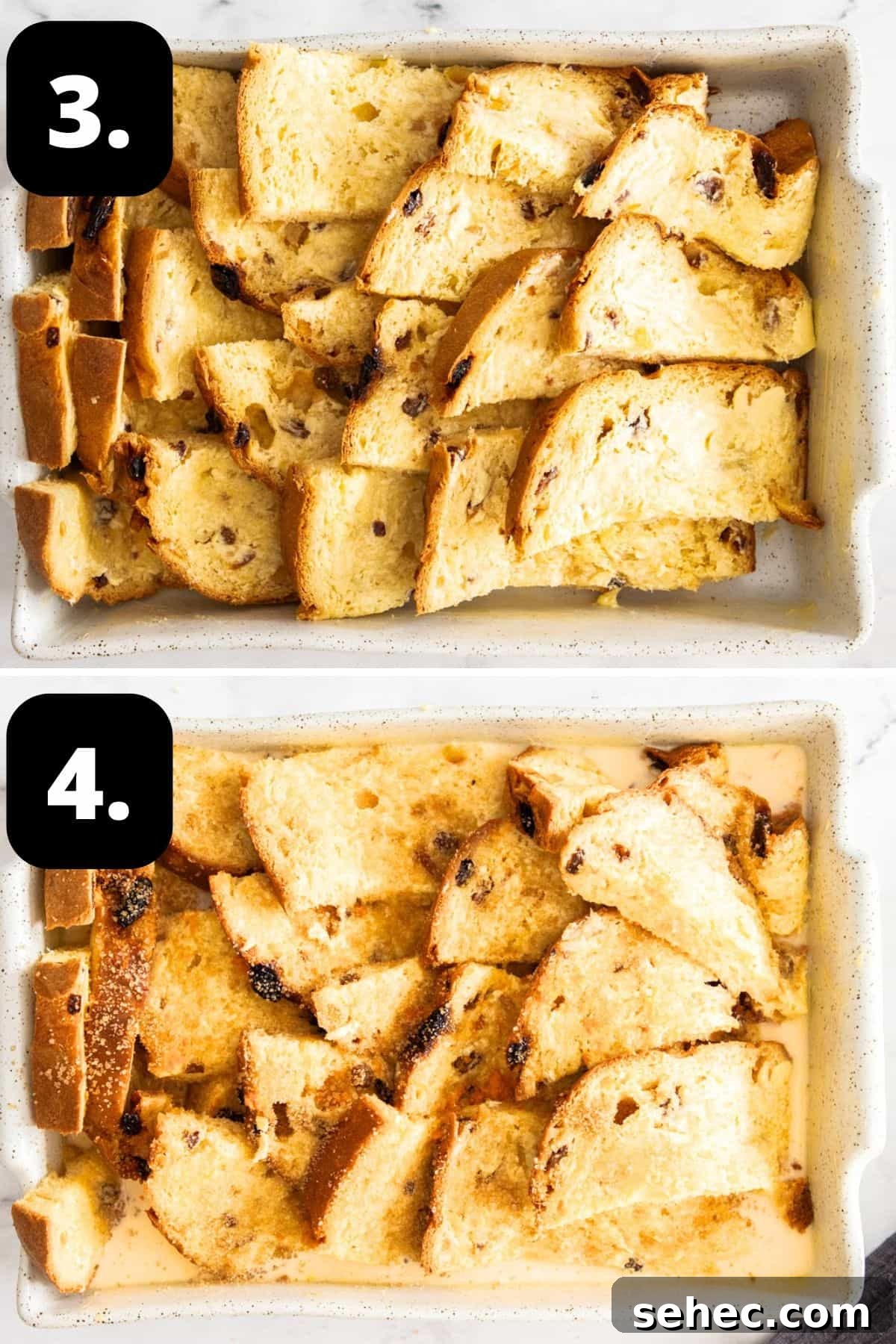 Panettone Bread and Butter Pudding Recipe 6 Steps 3-4 of preparing this recipe: arranging the slices in a baking dish and the slices of Panettone topped with the custard.