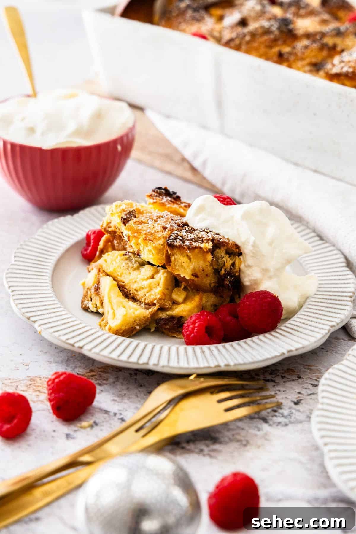 Panettone Bread and Butter Pudding Recipe 8 Plate with serve of Panettone Bread and Butter Pudding, topped with whipped cream and fresh raspberries.
