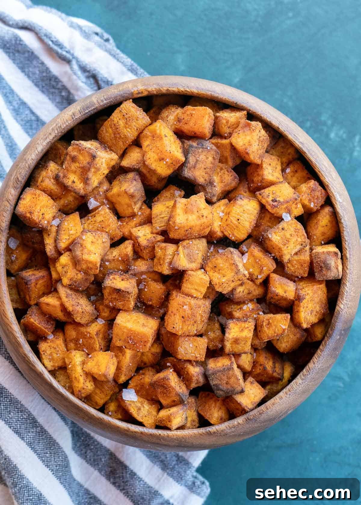 Crispy Air Fryer Sweet Potato Cubes 11 overhead shot of air fryer sweet potato cubes