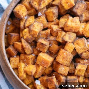 Crispy Air Fryer Sweet Potato Cubes 12 overhead shot of cooked air fryer sweet potatoes