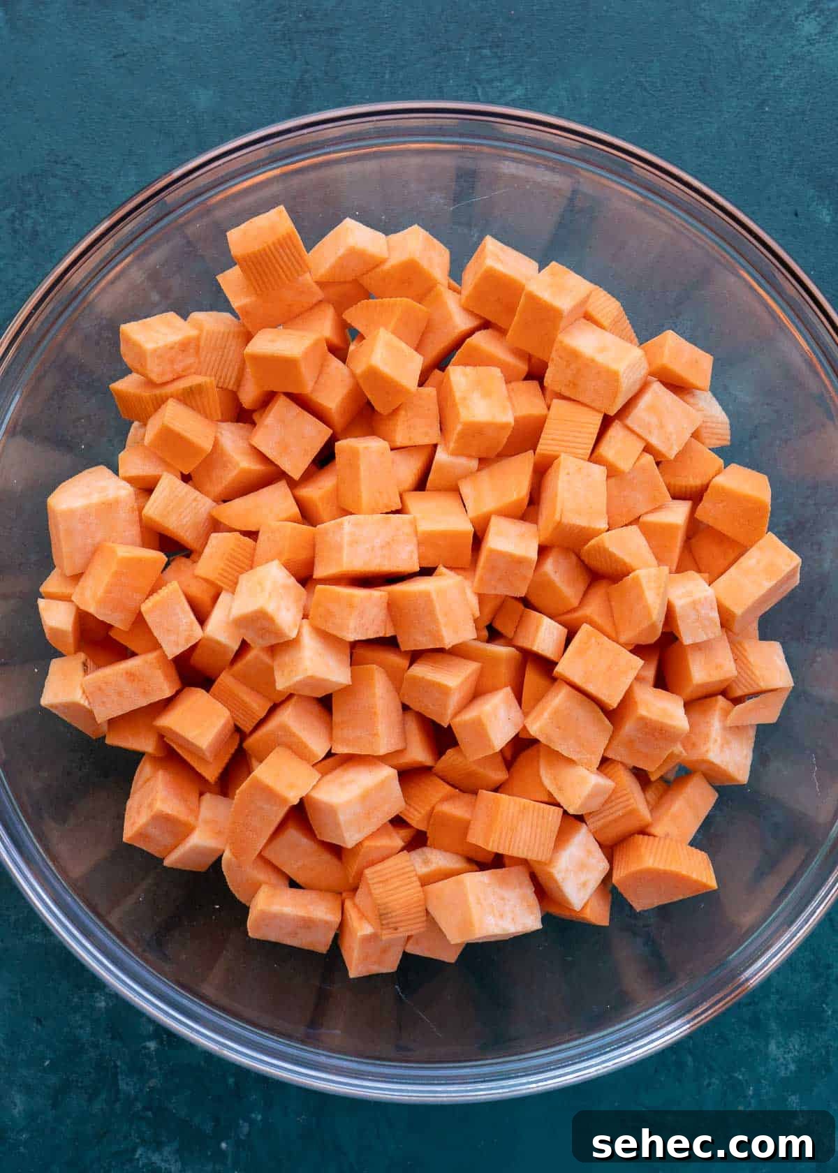Crispy Air Fryer Sweet Potato Cubes 5 overhead shot of sweet potato cubes