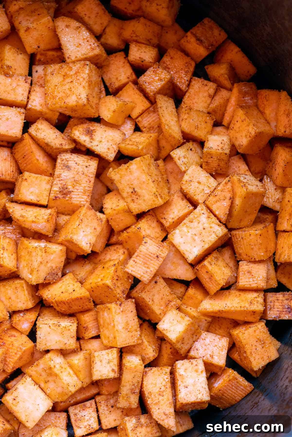 Crispy Air Fryer Sweet Potato Cubes 9 sweet potato cubes in air fryer