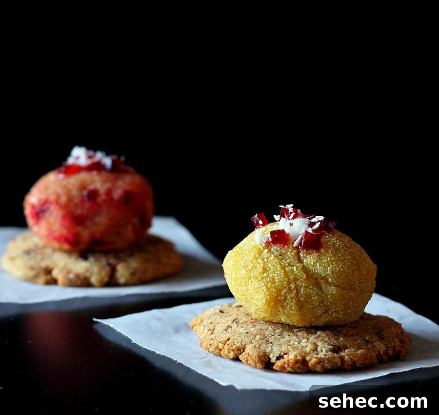 Vegan Gluten Free Mango Beet Halwa Bites with Rice Thins 2 Mango and beet halwa bites served on plates
