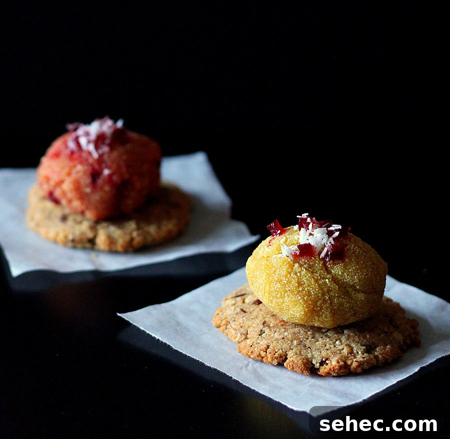 Vegan Gluten Free Mango Beet Halwa Bites with Rice Thins 11 Close up of candied beet halwa dessert