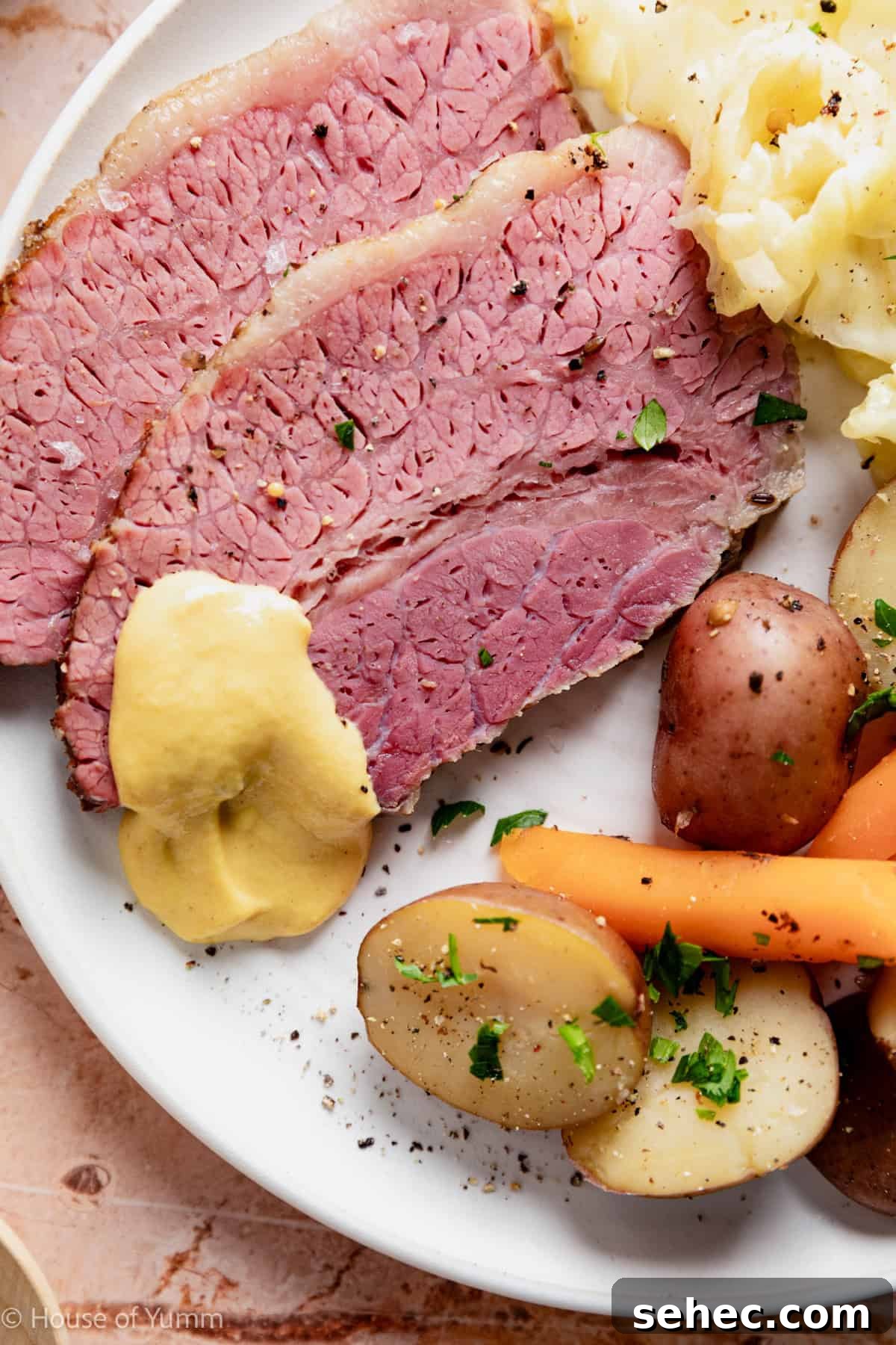 Slow Cooker Corned Beef Recipe for Tender Slices 11 Corned beef slices on a plate with cabbage and vegetables.