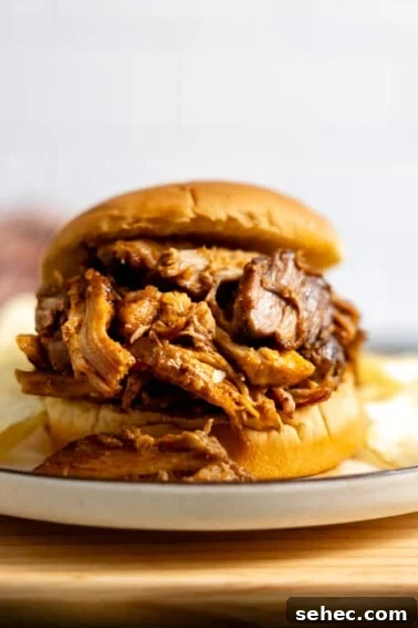 Slow Cooker Corned Beef Recipe for Tender Slices 15 Slow cooker pulled pork on a hamburger bun served with potato chips.