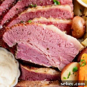 Slow Cooker Corned Beef Recipe for Tender Slices 16 Sliced corned beef on a plate with mustard and horseradish sauce for dipping.