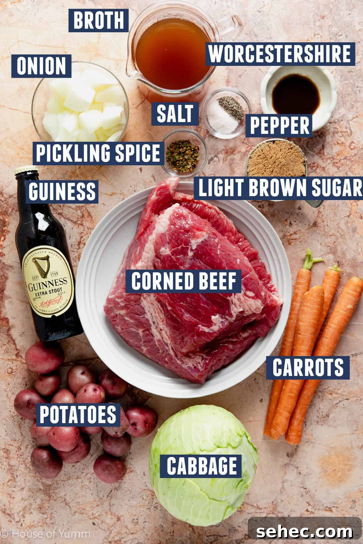 Slow Cooker Corned Beef Recipe for Tender Slices 5 Slow cooker corned beef with guiness ingredients laid out on the counter.