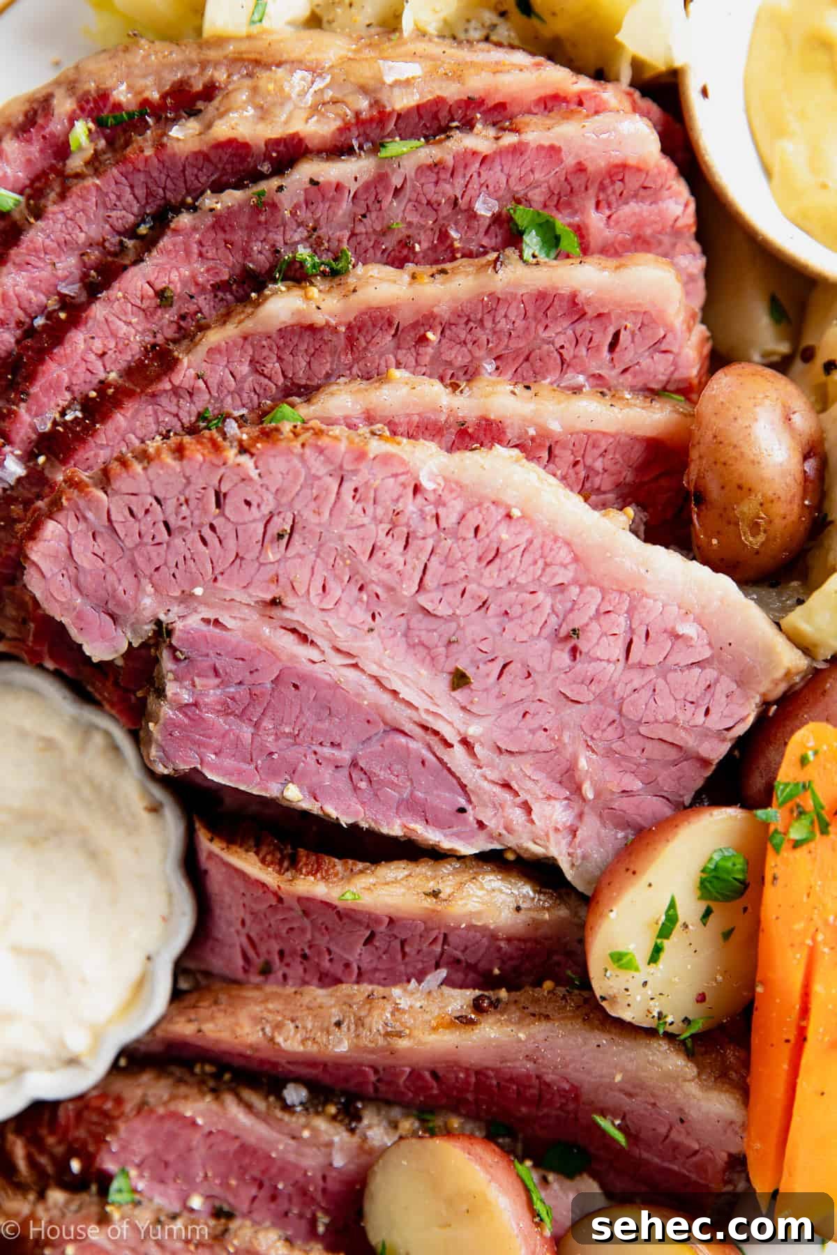 Slow Cooker Corned Beef Recipe for Tender Slices 10 Sliced corned beef on a plate with mustard and horseradish sauce for dipping.