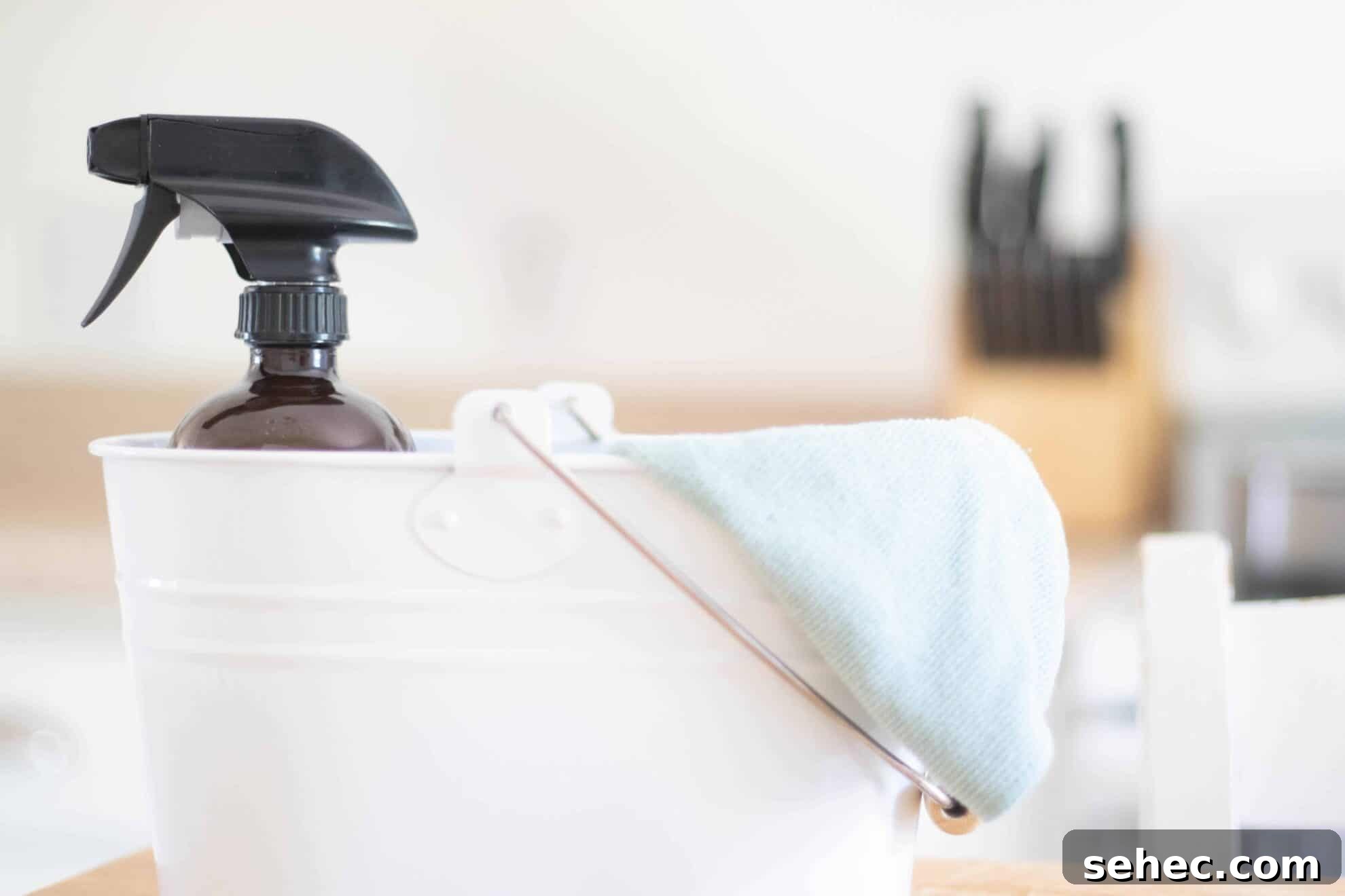 How to Clean Your Home with Natural Products 2 Natural house cleaner spray bottle in white cleaning caddy with blue cloth.