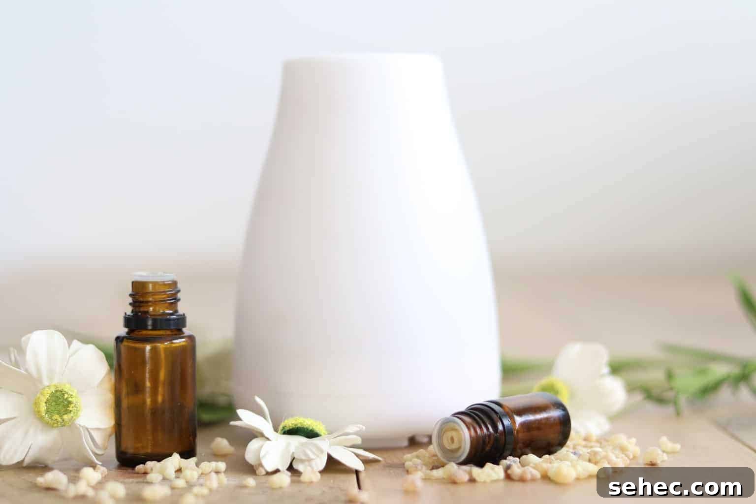 How to Clean Your Home with Natural Products 6 White essential oil diffuser surrounded by flowers and oil bottles on wooden table.