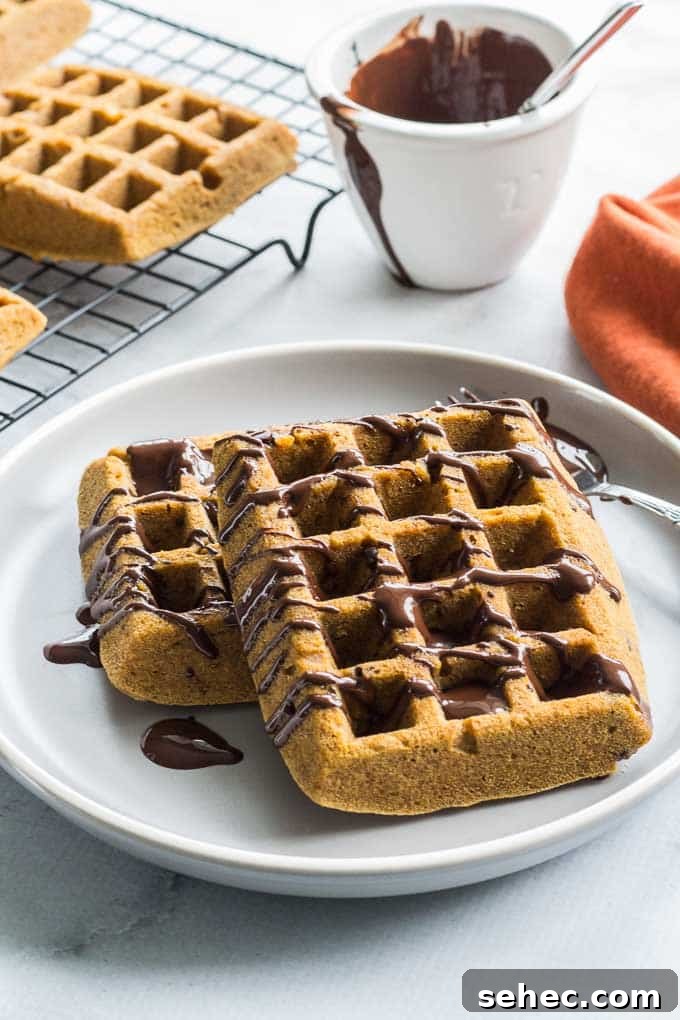 Grain Free Pumpkin Chocolate Chip Waffles 2 Side view of grain-free pumpkin chocolate chip waffles on a plate with waffles on a cooling rack and melted chocolate in the background.