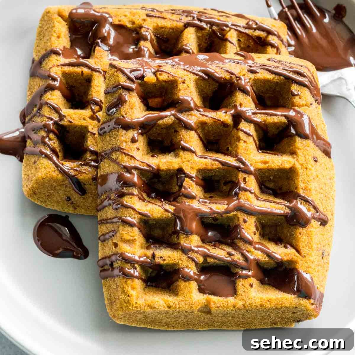 Grain Free Pumpkin Chocolate Chip Waffles 6 Close up of pumpkin spice waffles on a plate.