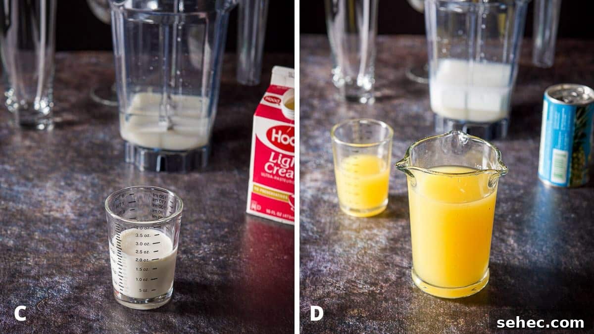 Cream and pineapple juice poured for the piña colada