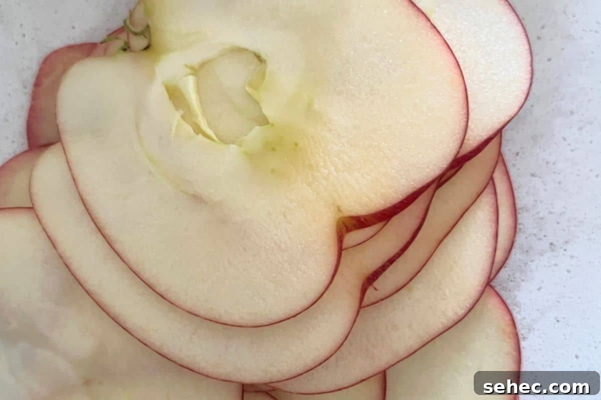 Weight Watchers Air Fryer Apple Chips 3 Thinly sliced apples ready to be seasoned for air fryer apple chips