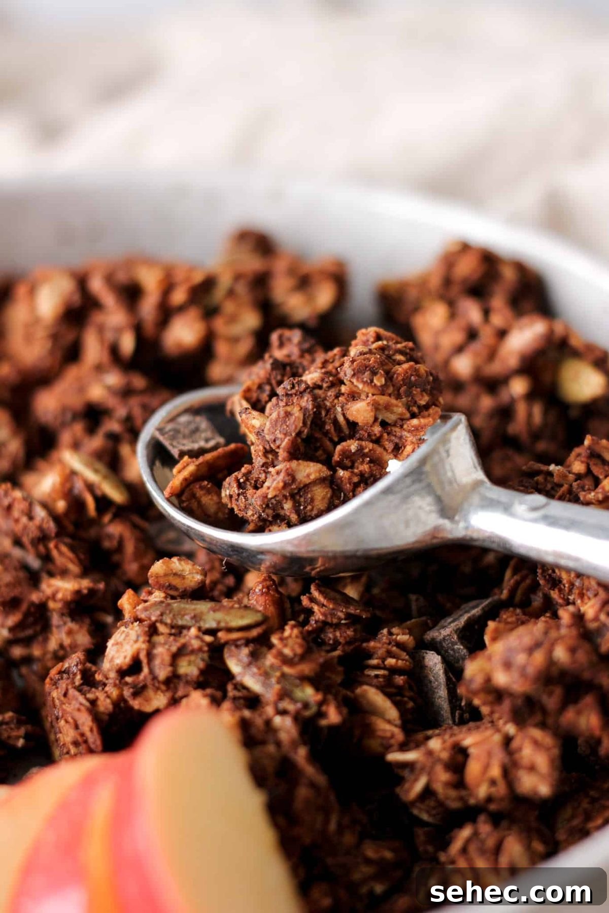 Healthy Dark Chocolate Chunk Granola close up of chocolate granola on a silver spoon