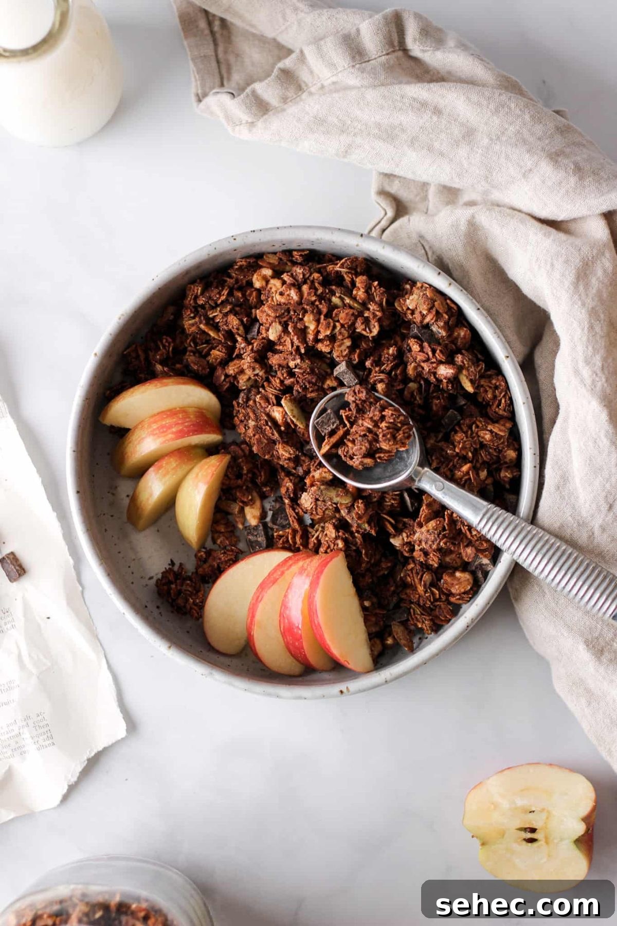 Dark Chocolate Granola a bowl of chocolate chunk granola with a spoon and sliced apples