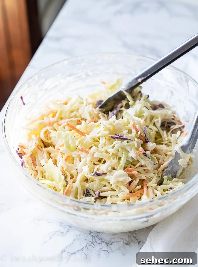 Creamy Coleslaw Recipe with Crunchy Cabbage and Carrots 3 Mix together the coleslaw mix with mayo, apple cider vinegar and sugar in a large bowl.