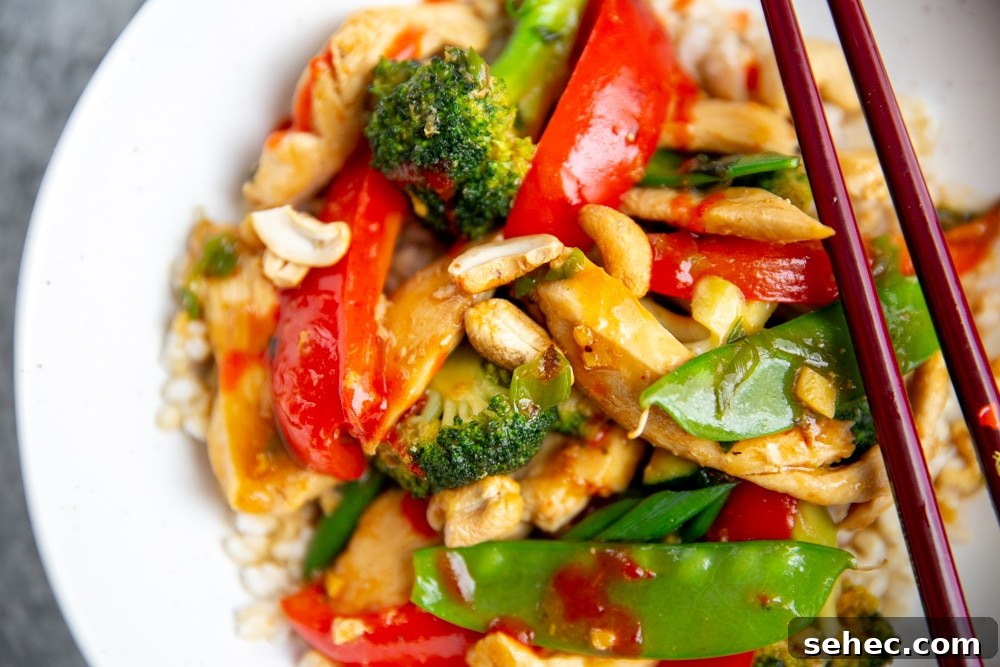 Stir Fry Recipe with Any Vegetables and Meat 12 Close up of a healthy chicken stir fry in a bowl over brown rice.