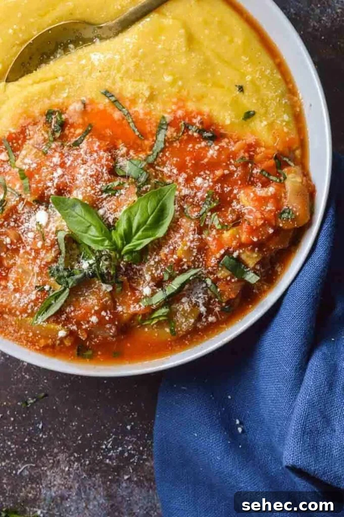 Zucchini Marinara Recipe 2 A close up looking down at a bowl of zucchini marinara with fresh basil leaves next to a blue serving cloth