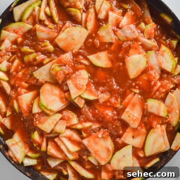 Zucchini Marinara Recipe 6 Slices of zucchini nestled in a tomato based sauce