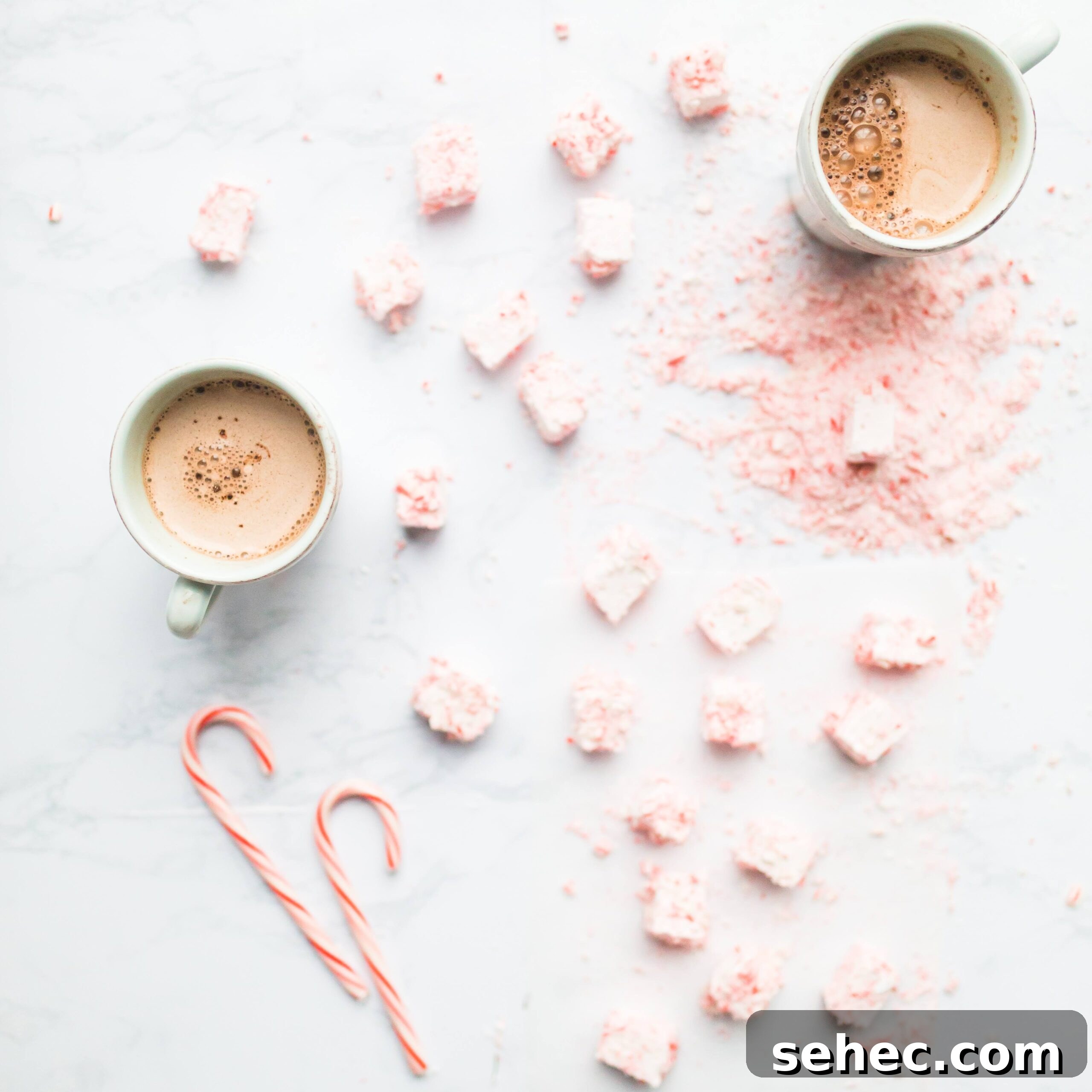An overhead shot of two mugs of hot chocolate surrounded by candy canes and peppermint marshmallows.