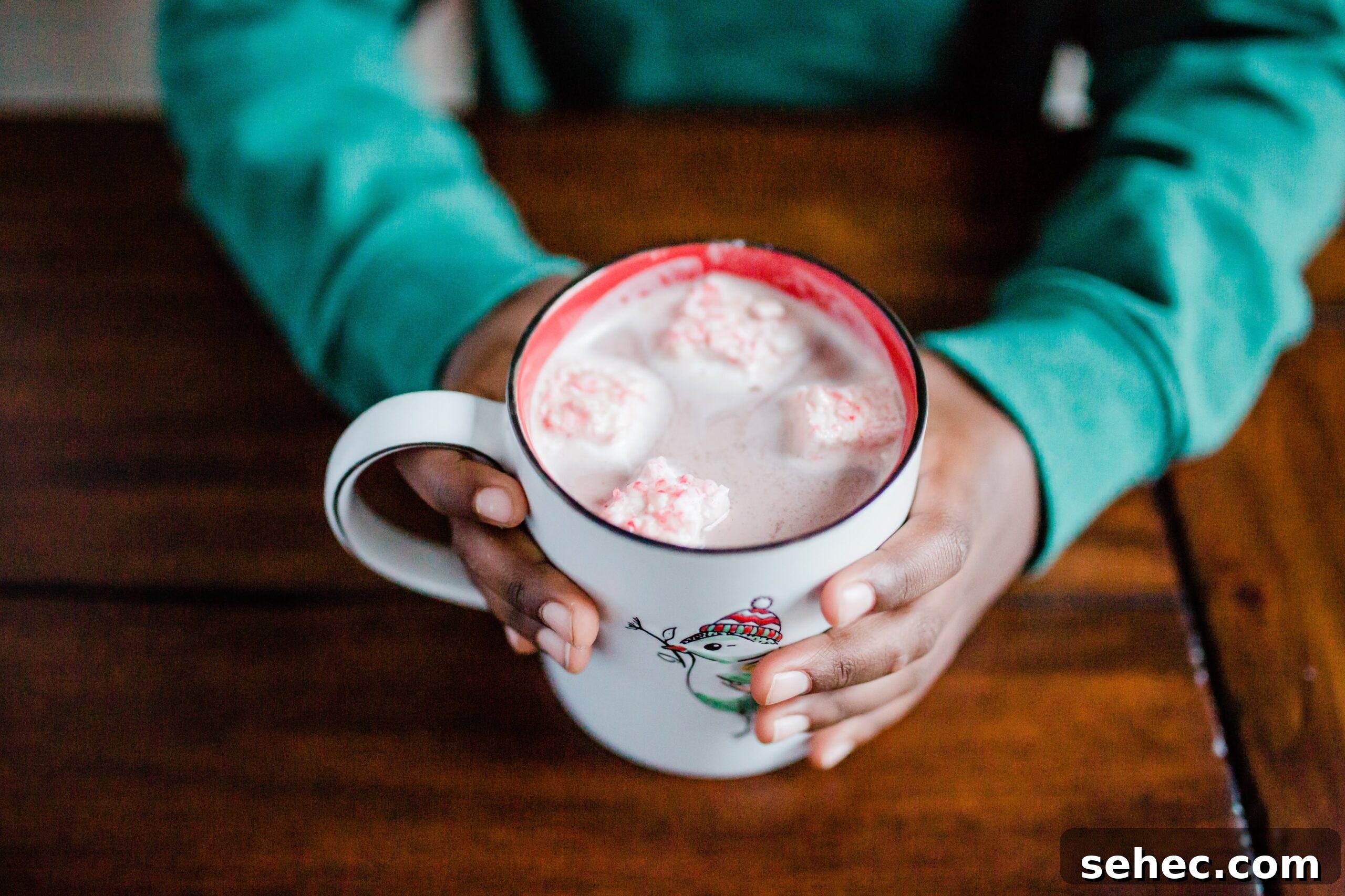 Small hands holding a mug of hot chocolate with peppermint marshmallows.