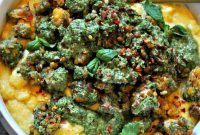 Crispy Pesto Tempeh with Vegan Parmesan Polenta