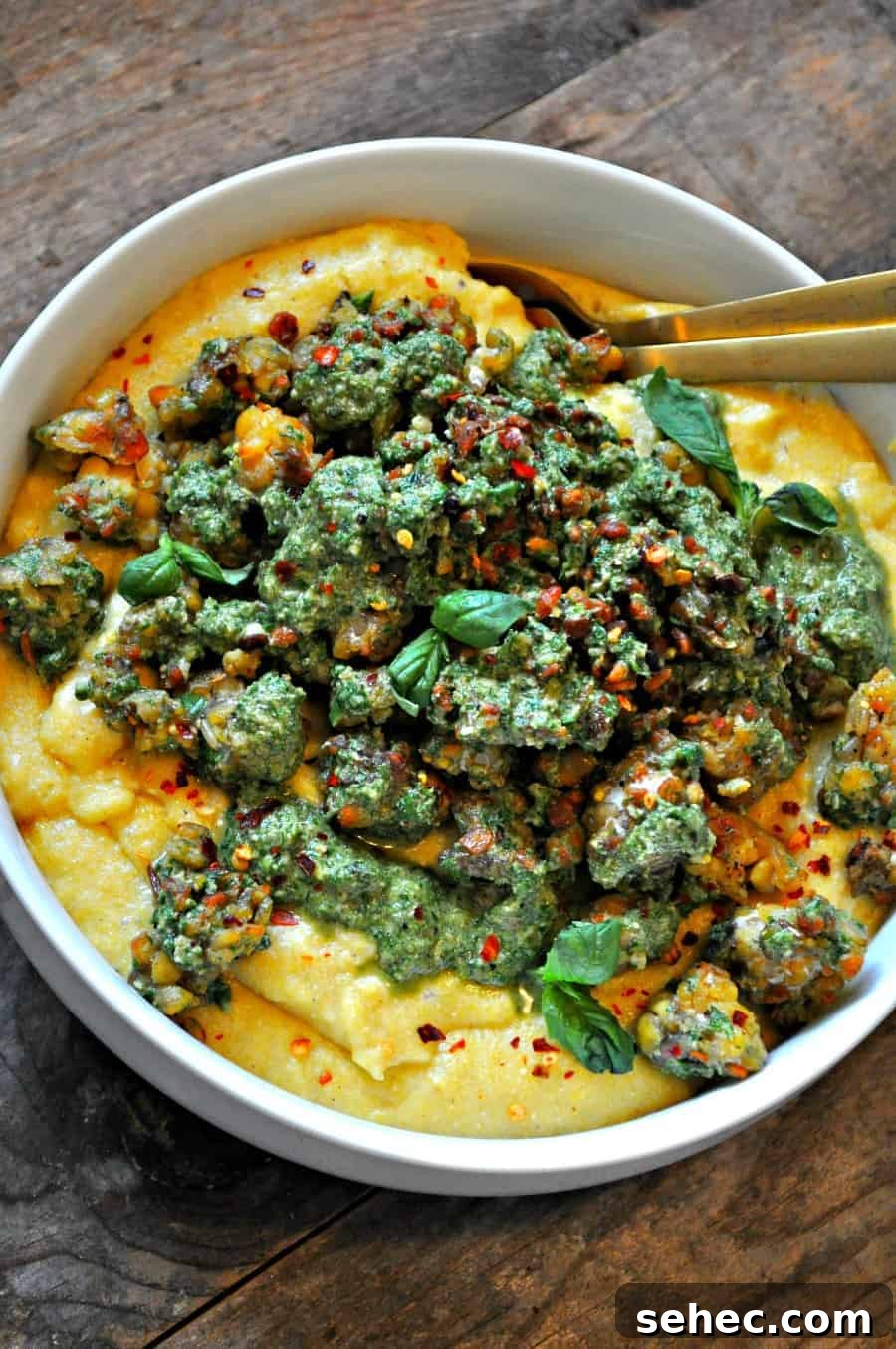 Crispy Pesto Tempeh with Vegan Parmesan Polenta 2 Vegan crispy pesto tempeh with Parmesan polenta