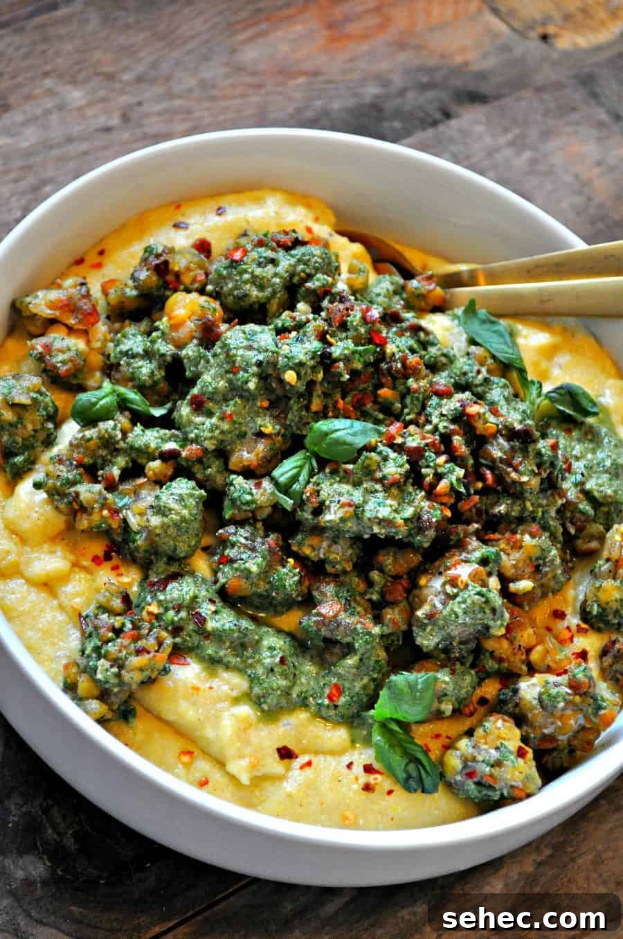 Crispy Pesto Tempeh with Vegan Parmesan Polenta 3 Crispy vegan tempeh served with creamy polenta