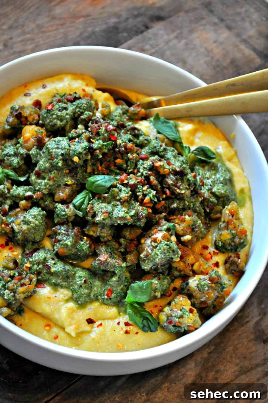 Crispy Pesto Tempeh with Vegan Parmesan Polenta 4 Vegan pesto tempeh over creamy Parmesan polenta