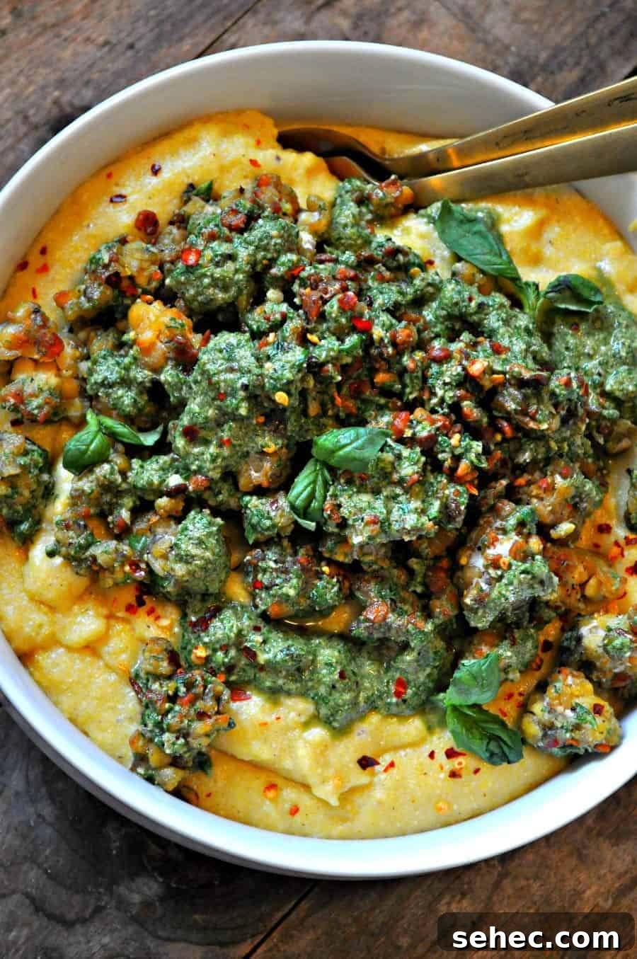 Crispy Pesto Tempeh with Vegan Parmesan Polenta 5 Creamy vegan Parmesan polenta with pesto tempeh