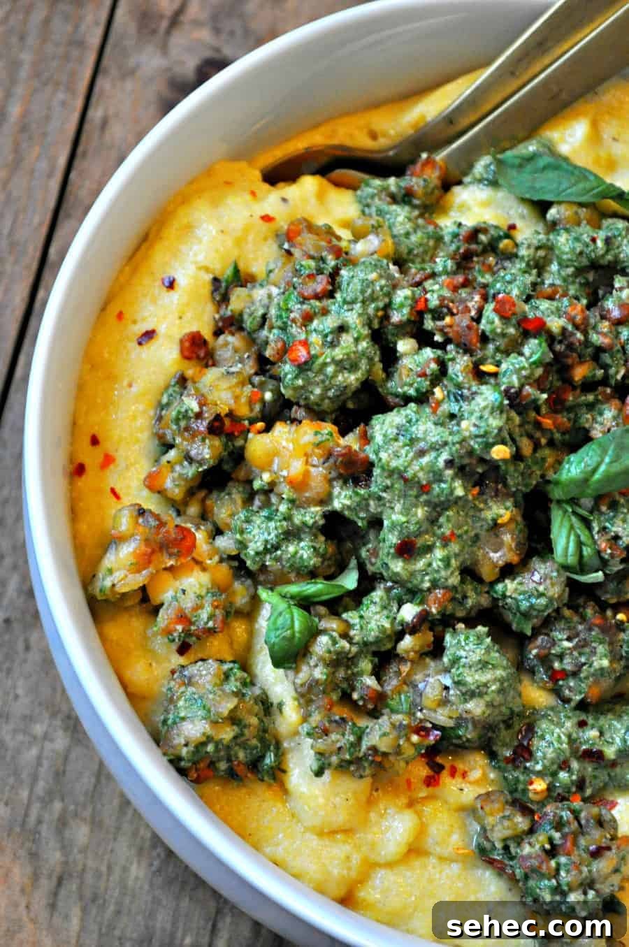 Crispy Pesto Tempeh with Vegan Parmesan Polenta 6 Hearty vegan tempeh and polenta dinner