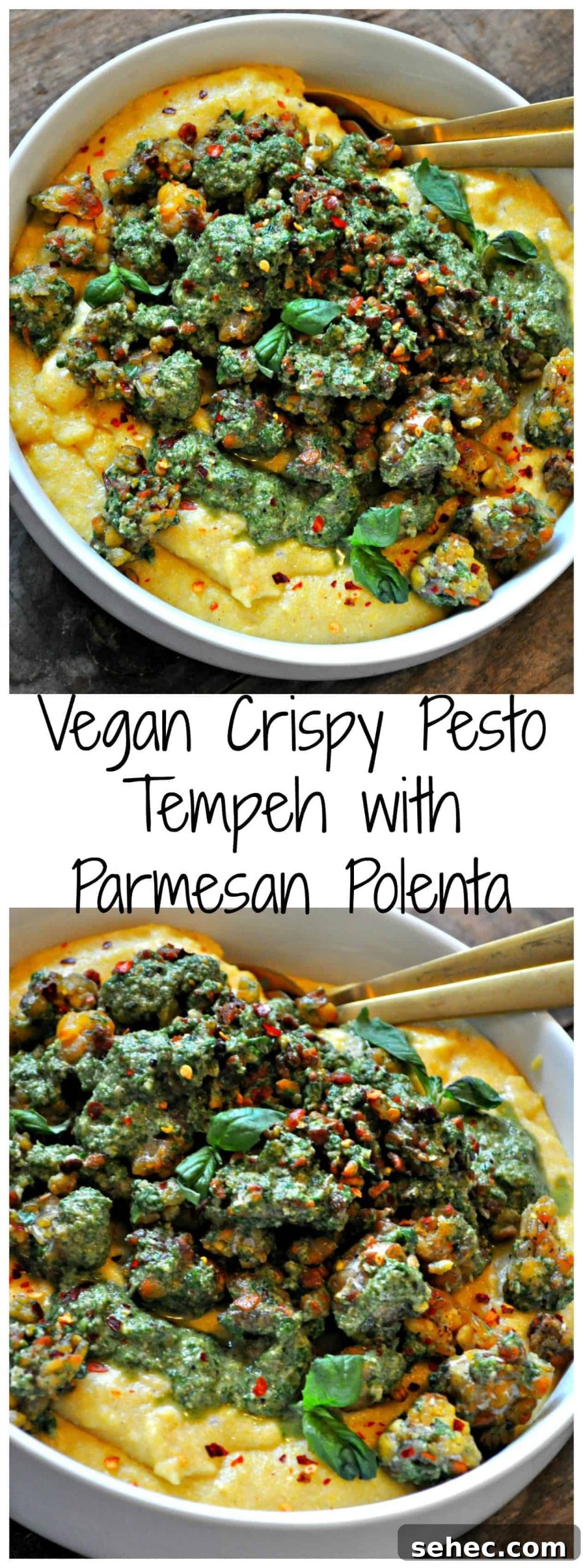 Crispy Pesto Tempeh with Vegan Parmesan Polenta 8 Vegan crispy pesto tempeh Parmesan polenta finished dish