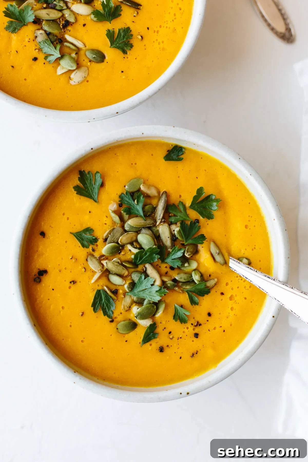 Butternut Squash Recipes for Soups, Sides, and Mains 4 Two bowls of butternut squash soup with spoons.